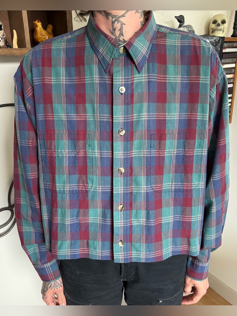 Vintage 90s Cropped Boxy Plaid Textured LS Button Down Shirt ~ Size Large